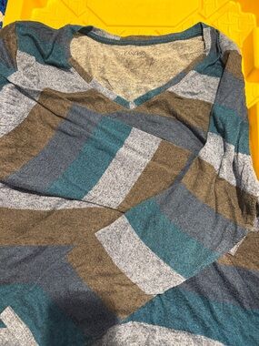 Lane Bryant Teal Gray Brown Striped V-Neck Sweater